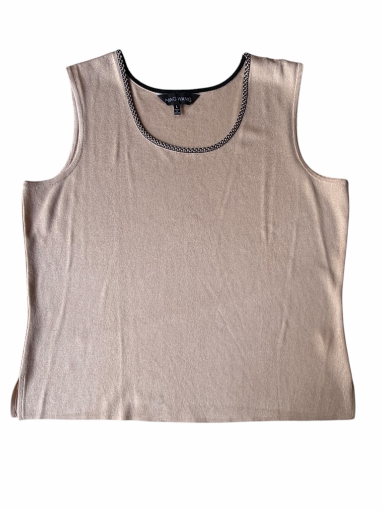 Ming Wang Tan Tank Blouse With Scoop Neck And Black Trim, Size Large